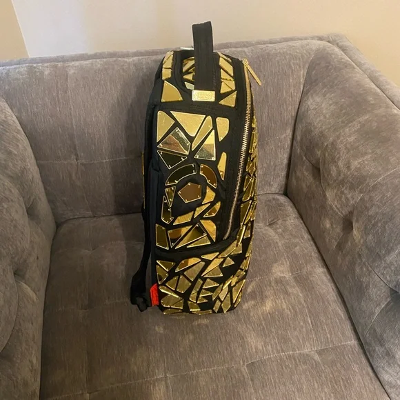 Sprayground Black and Gold Handmade Mirror Burst Super Exclusive Mosaic Backpack